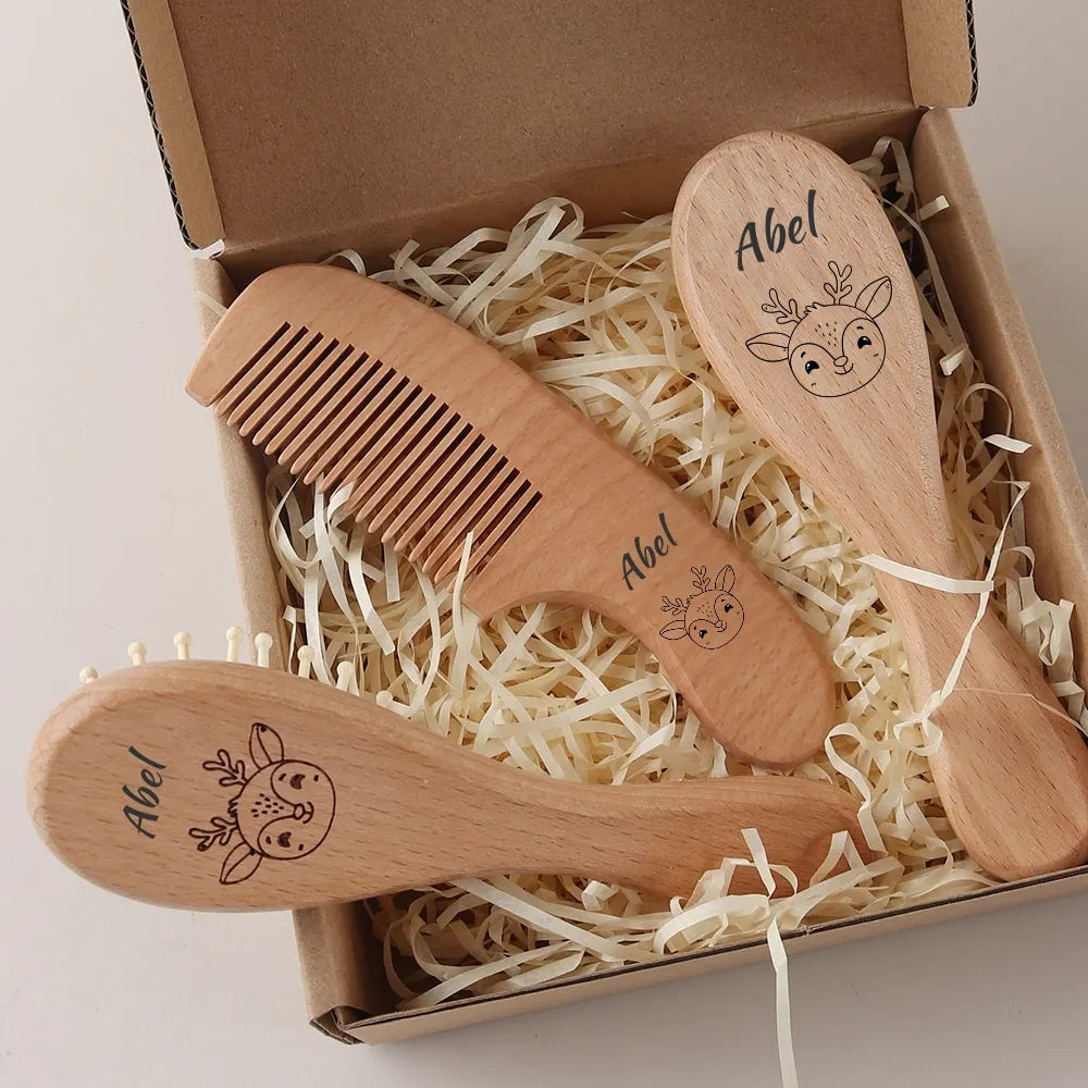 Saashi Custom Name Baby Hair Brush and Beechwood Comb Set